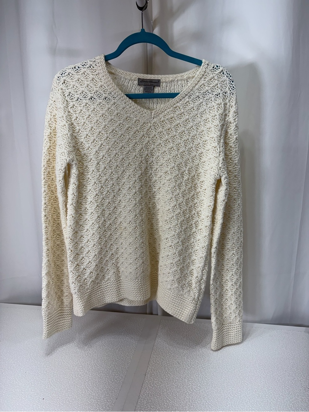 Eddie Bauer Ivory V-Neck Textured Knit Sweater 4315